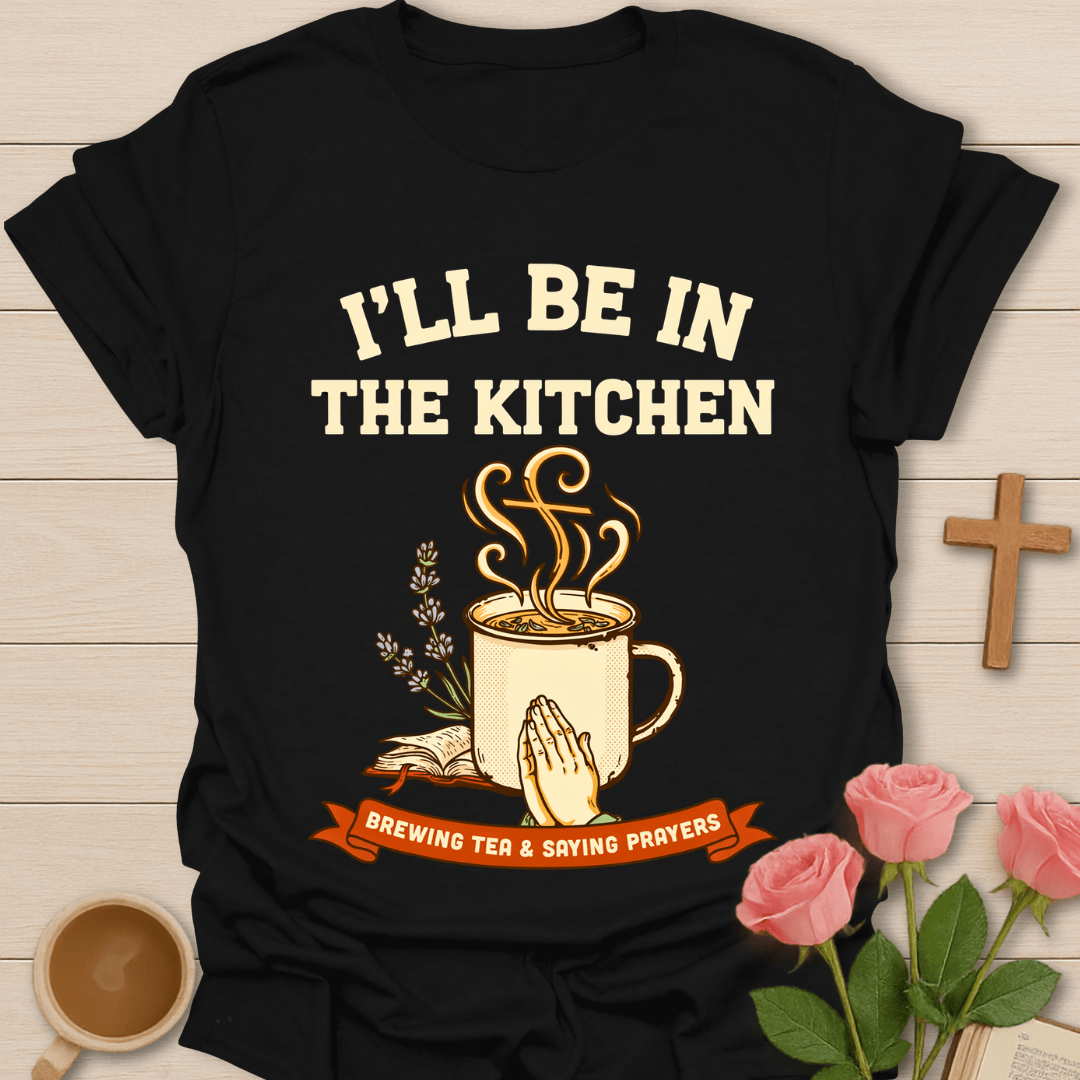 Brewing Tea Saying Prayers T-Shirt KozzyCo Christian and tea lover design
