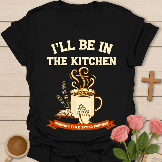 Brewing Tea Saying Prayers T-Shirt KozzyCo Christian and tea lover design
