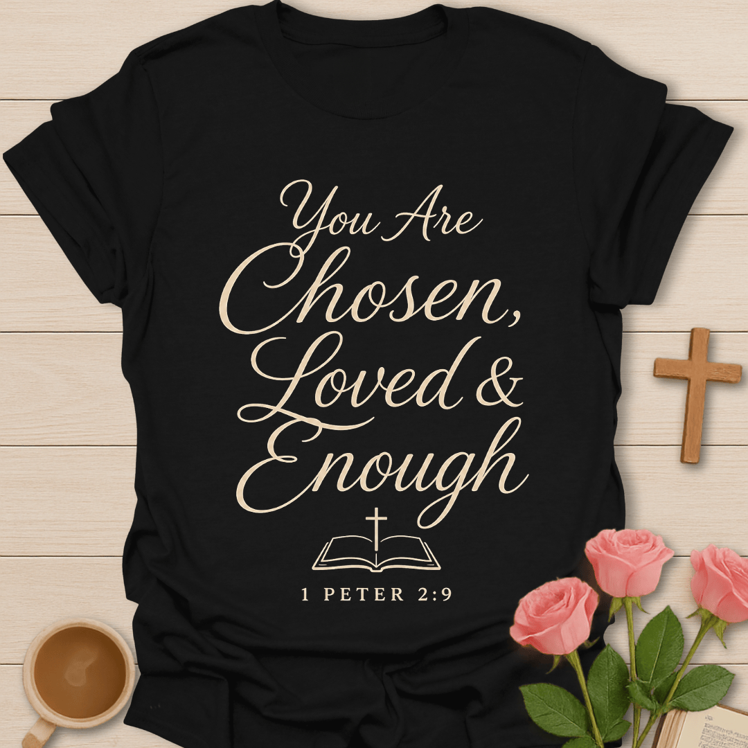 You Are Chosen Loved and Enough shirt with cream script lettering, open Bible, cross, and 1 Peter 2:9 text.