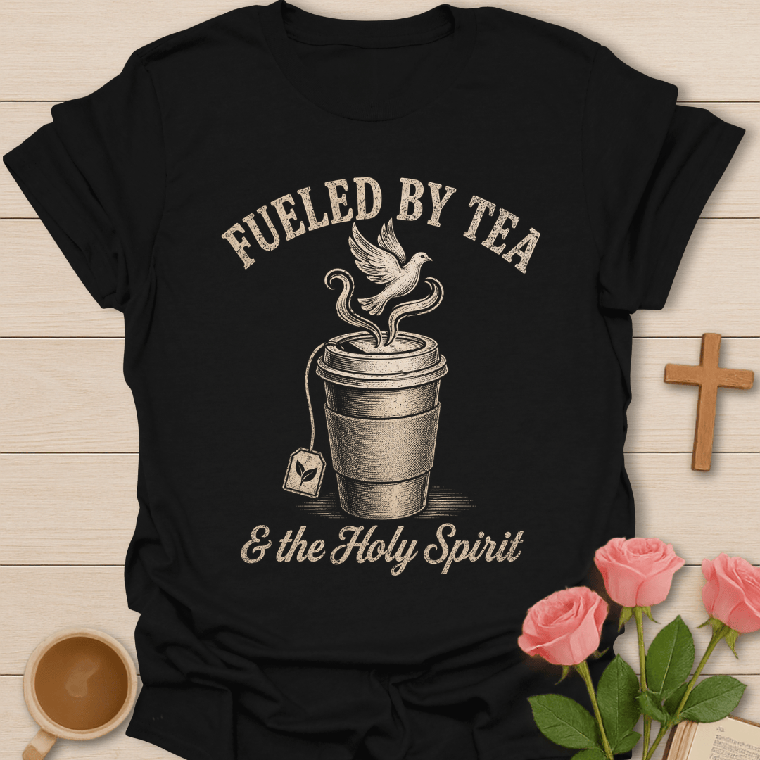 Tea and The Holy Spirit shirt with teacup, dove, and cream vintage lettering. - Black