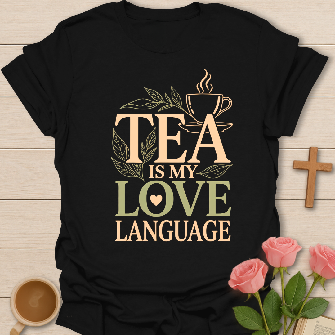 Black Tea Is My Love Language t-shirt featuring a steaming tea cup, leaves, and warm cozy typography for tea lovers