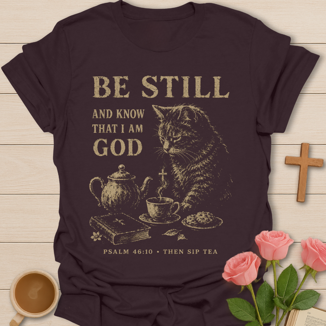 Know I Am God Christian shirt with Psalm 46:10 verse and faith-inspired design. - Dark Chocolate