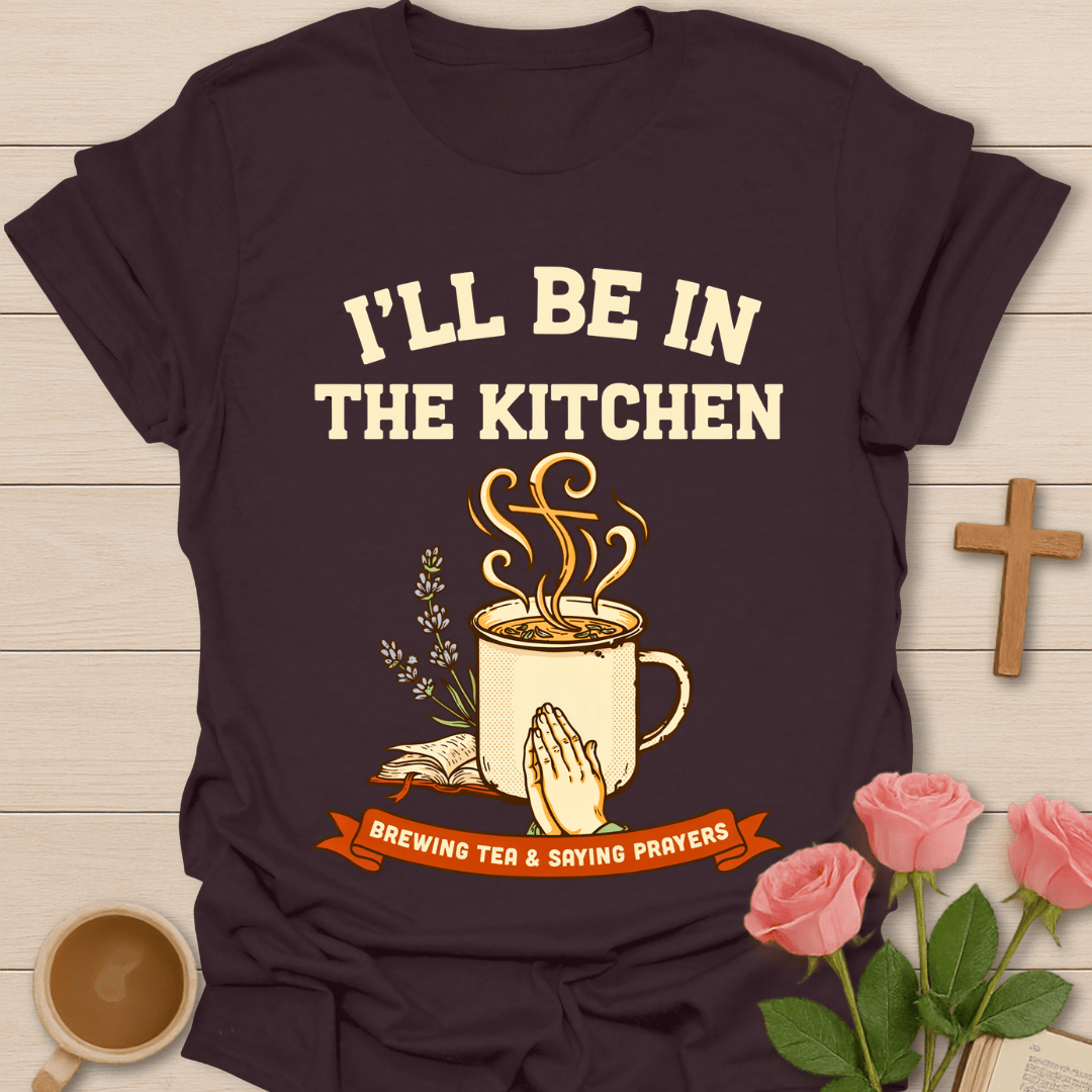 Brewing Tea Saying Prayers T-Shirt KozzyCo Christian and tea lover design