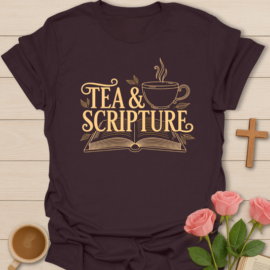 Gold line art design of a steaming tea cup above an open Bible with the words “Tea & Scripture” tee symbolizing faith, Bible study, and quiet devotional time.