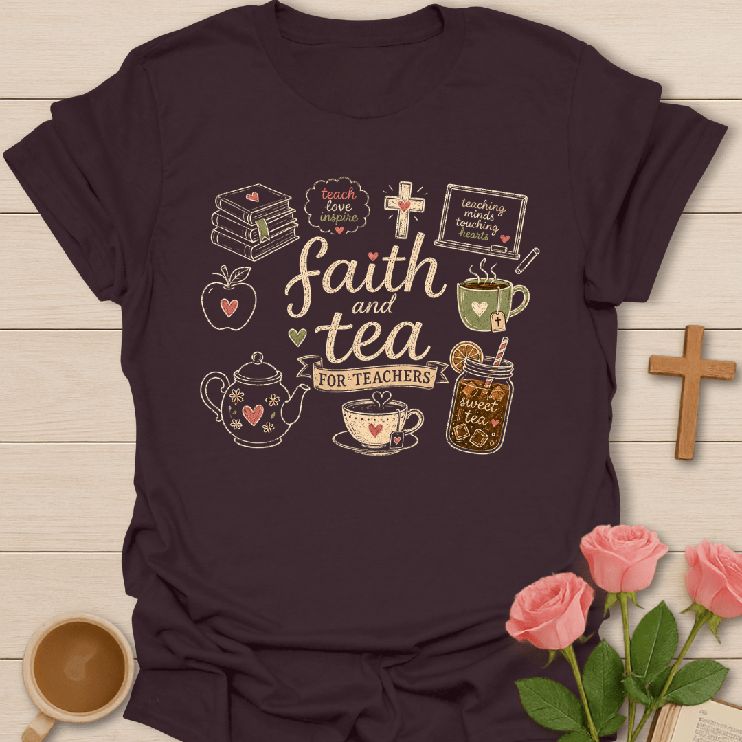 Faith and Tea for Teachers shirt with cream hand-lettering, teapot, apple, books, chalkboard, tea cups, hearts, flowers, and vintage doodle layout.
