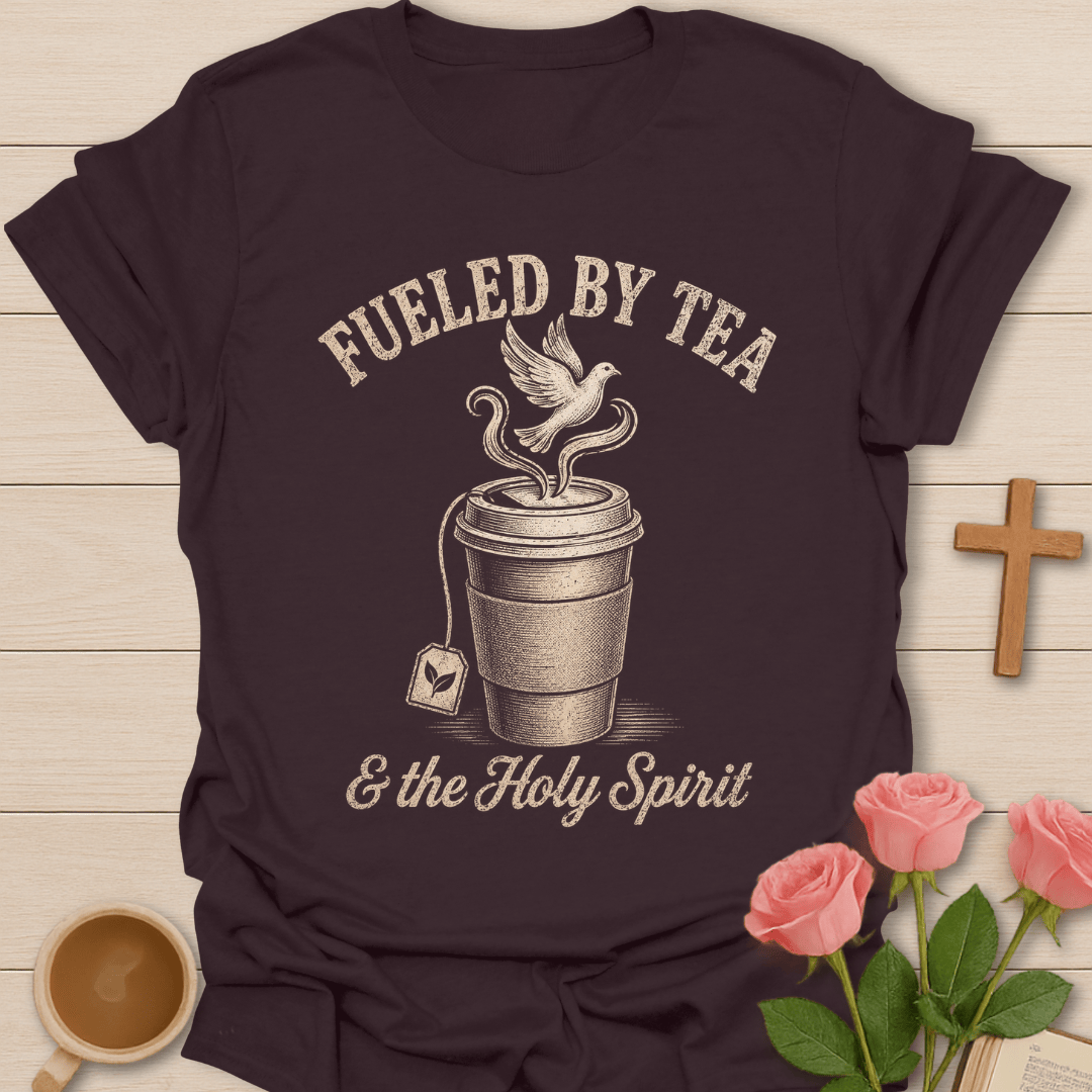 Tea and The Holy Spirit shirt with teacup, dove, and cream vintage lettering. - Dark Chocolate