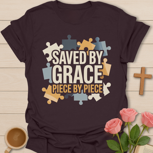 Dark Chocolate Saved by Grace Puzzle Christian t-shirt with puzzle piece design symbolizing faith restored piece by piece through God’s grace