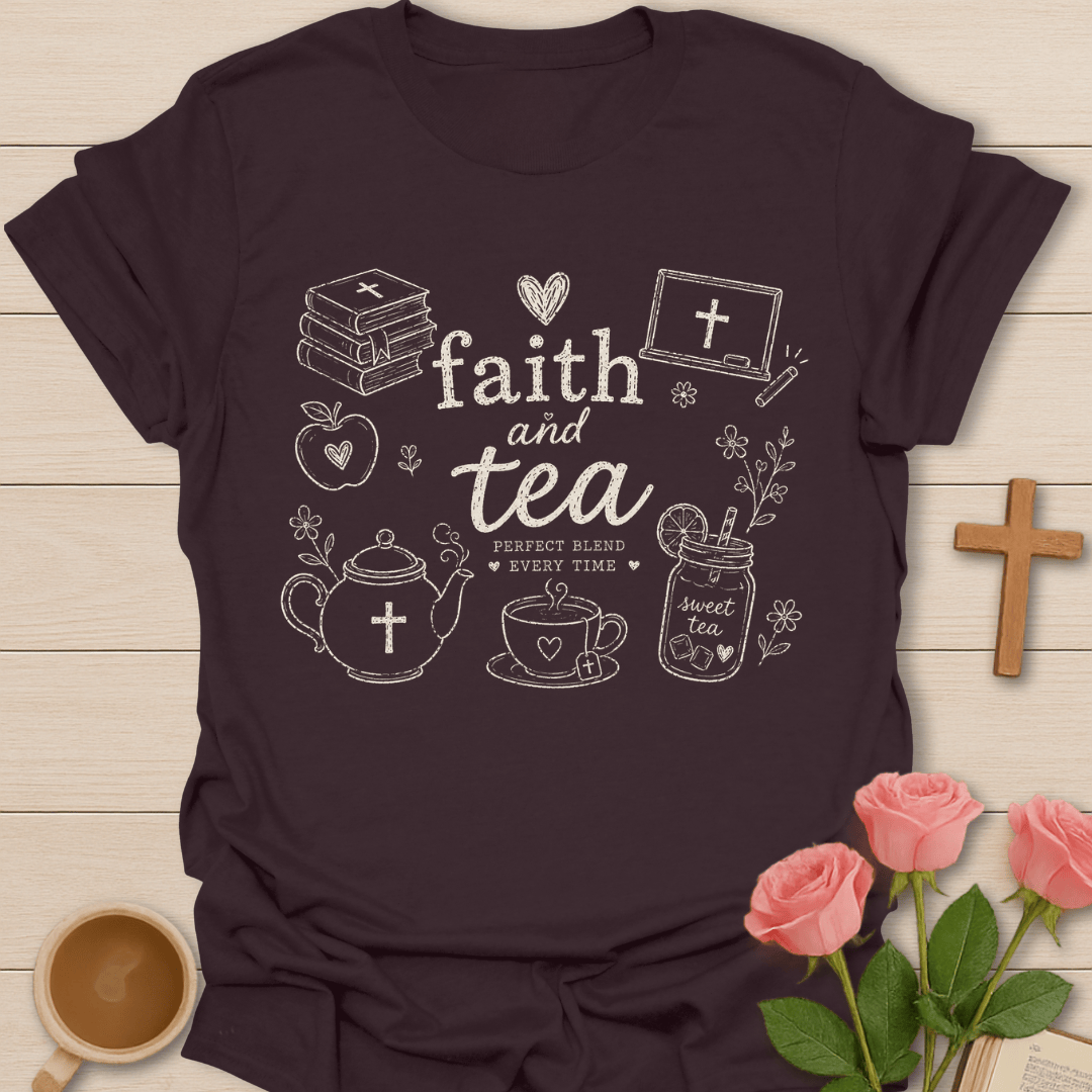 Faith and Tea Perfect Blend shirt with cream chalk-style lettering, teapot with cross, tea cup, sweet tea jar, books, chalkboard, apple, florals, and hearts.