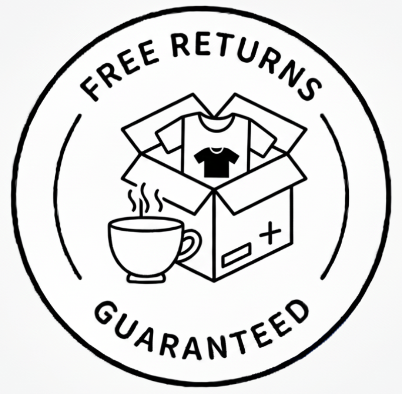 Logo with 'Free Returns Guaranteed' text and a graphic of a box, mug, and shirt on a white background