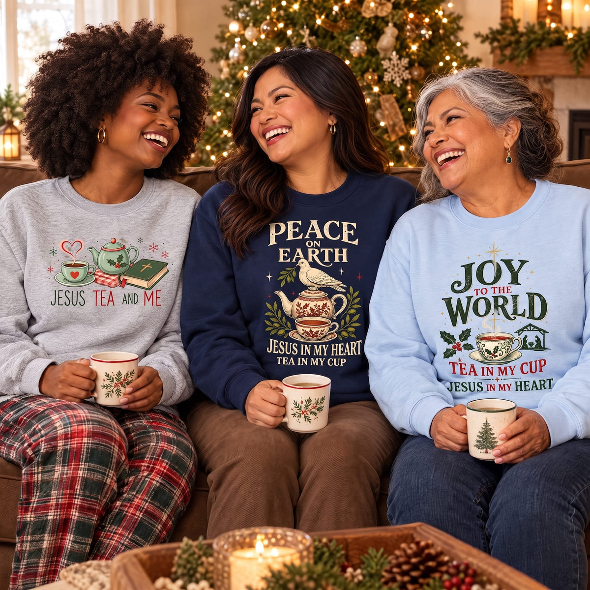 Three women friends by a Christmas tree in KozzyCo Christmas sweatshirts