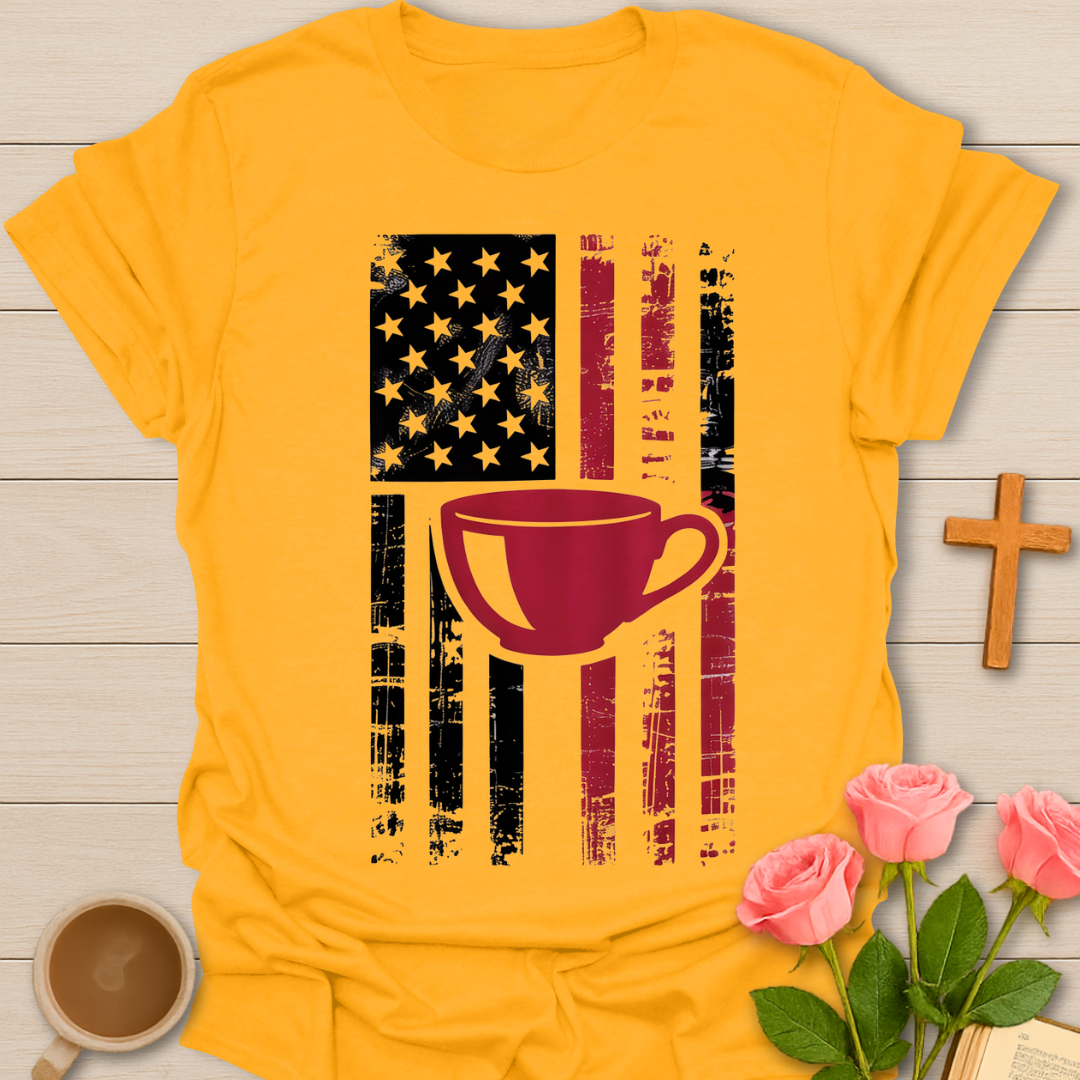 Yellow American flag tea cup graphic shirt featuring a red tea cup over a distressed USA flag design for tea lovers and patriotic faith wear
