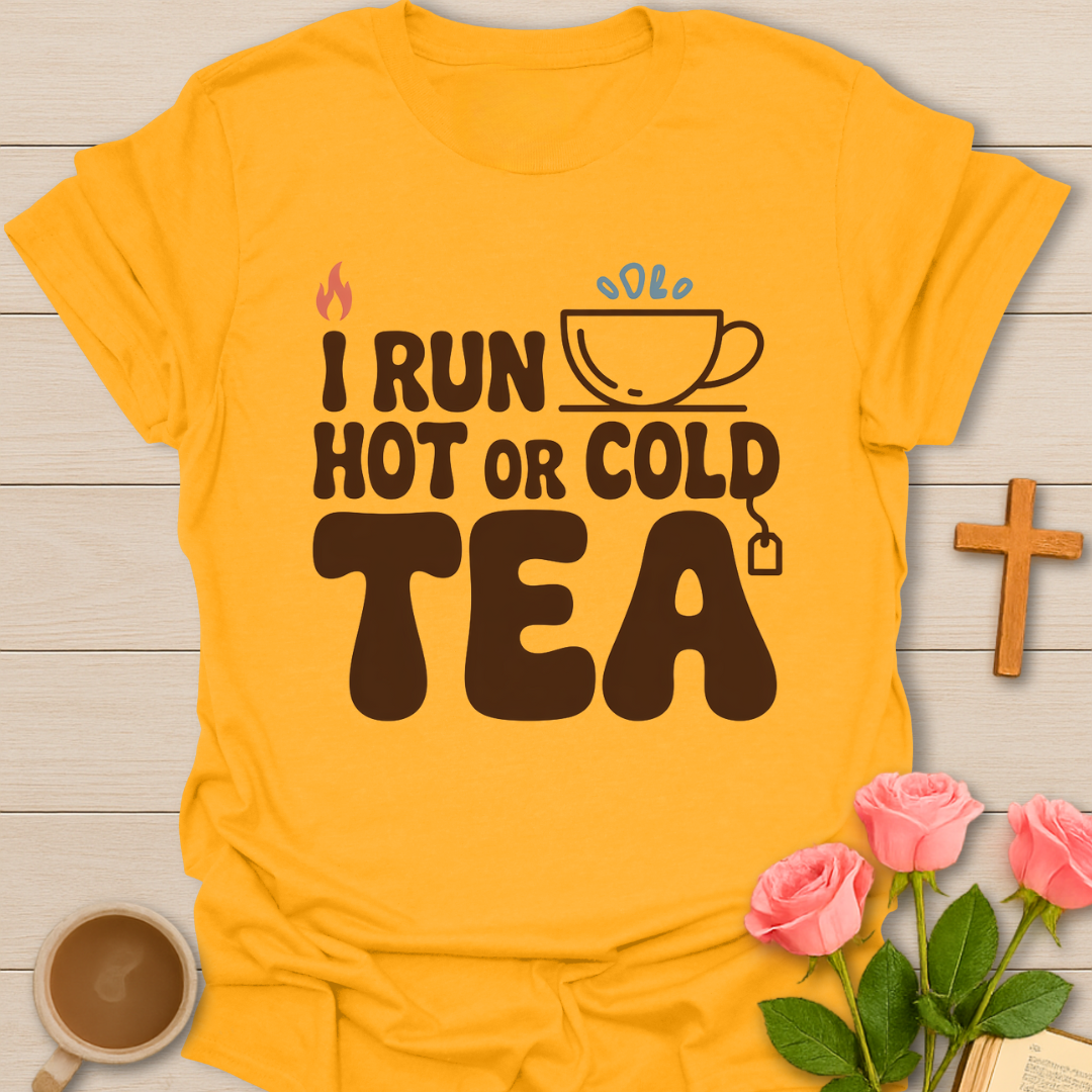 Yellow t-shirt with “I Run Hot or Cold Tea” typography design featuring a steaming and chilled tea cup.
