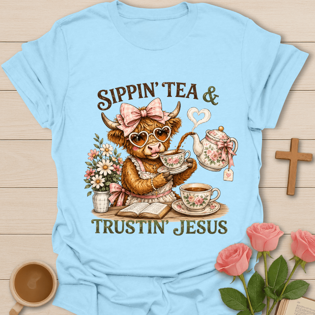 Highland Cow Jesus Tea T-Shirt KozzyCo Christian and tea lover design