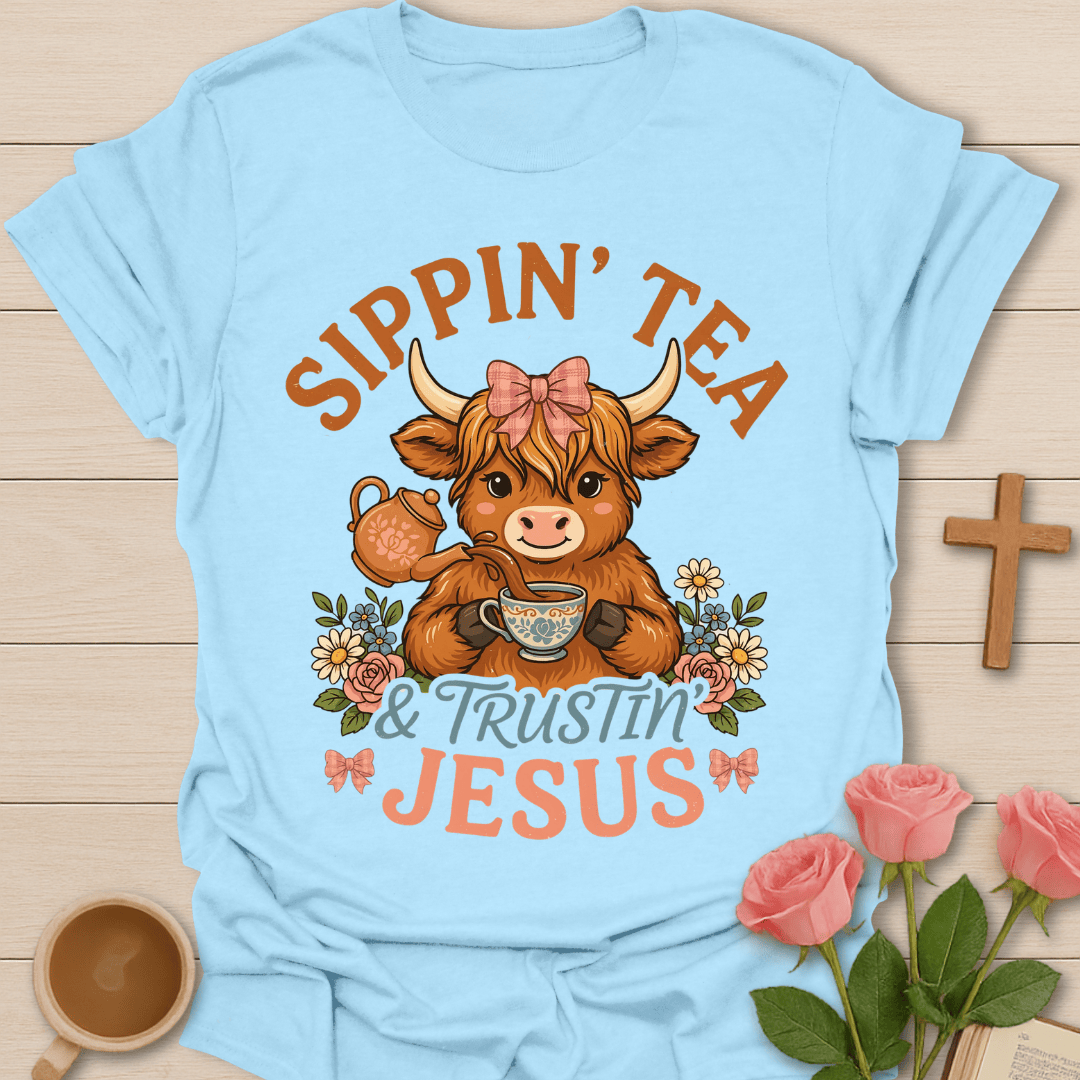 Highlander Cow Sippin' Tea T-Shirt KozzyCo Christian and tea lover design