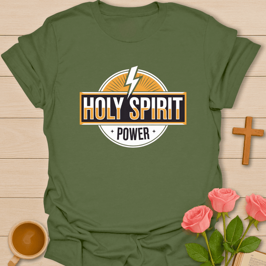 Military green Holy Spirit Power Christian t-shirt for women with lightning bolt and faith design symbolizing spiritual strength and belief