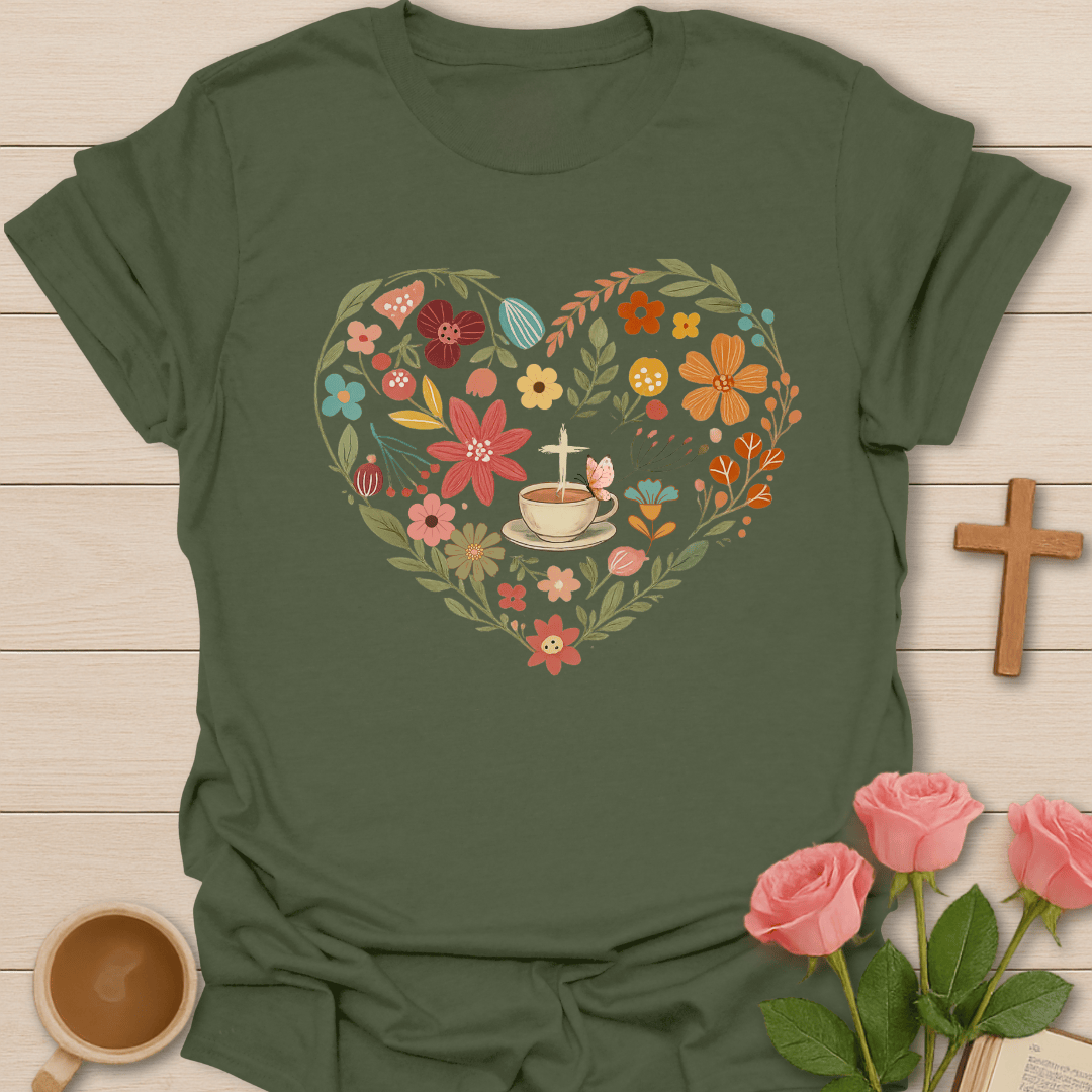 Tea Floral Heart Wreath T-Shirt T-Shirt