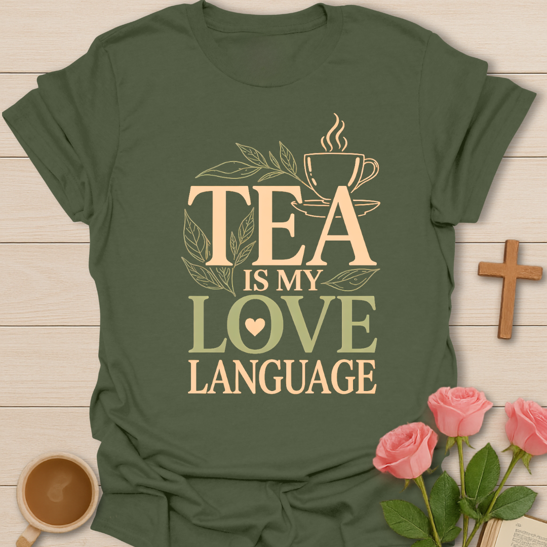 Green Tea Is My Love Language t-shirt featuring a steaming tea cup, leaves, and warm cozy typography for tea lovers