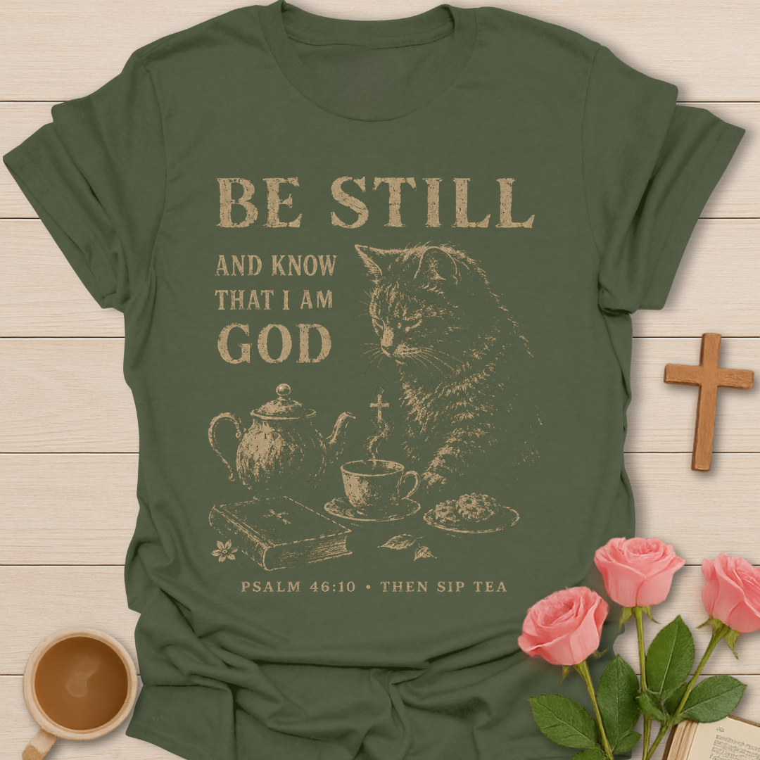 Know I Am God Christian shirt with Psalm 46:10 verse and faith-inspired design. - Military Green