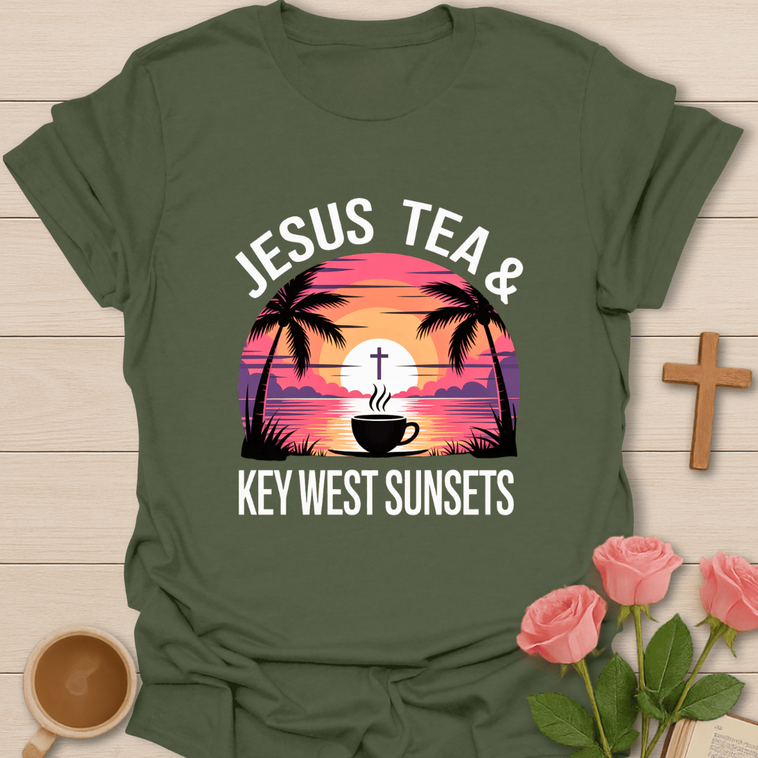 Jesus, Tea & Key West Sunsets T-Shirt - Kozzy Co Military Green / S