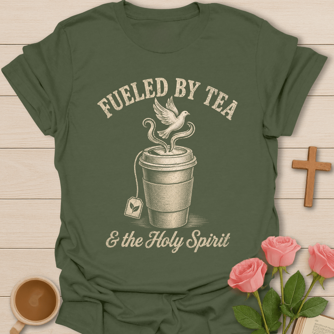 Tea and The Holy Spirit shirt with teacup, dove, and cream vintage lettering. -Military Green
