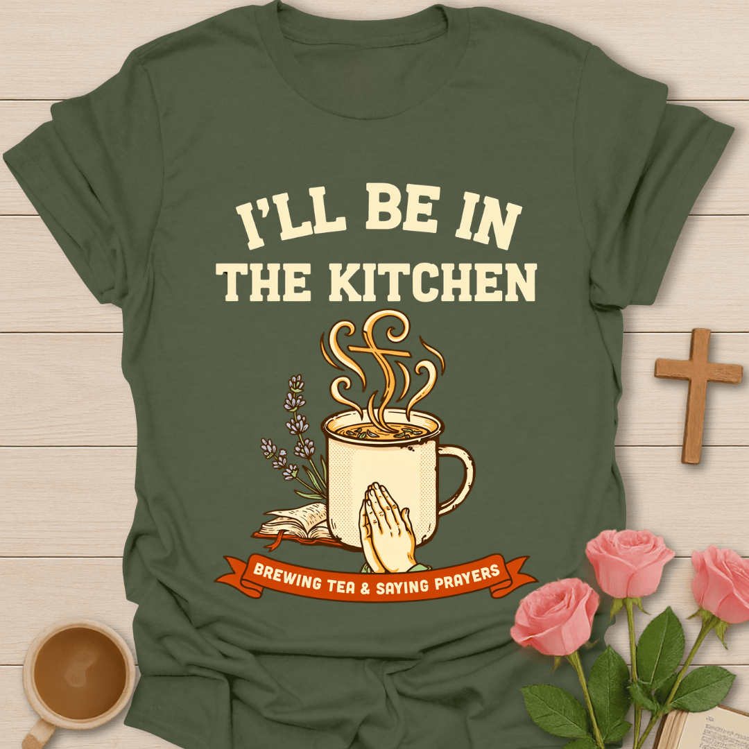 Brewing Tea Saying Prayers T-Shirt KozzyCo Christian and tea lover design