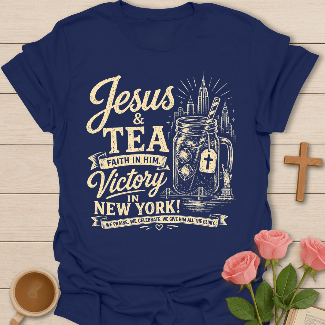Jesus Tea Victory New York T-Shirt KozzyCo Christian and tea lover design