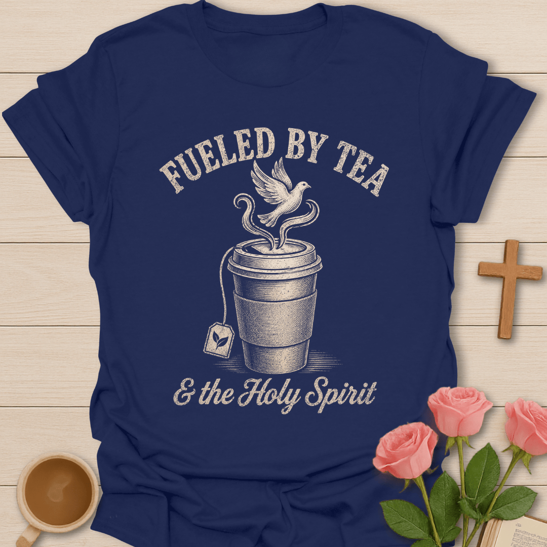 Tea and The Holy Spirit shirt with teacup, dove, and cream vintage lettering. - Navy
