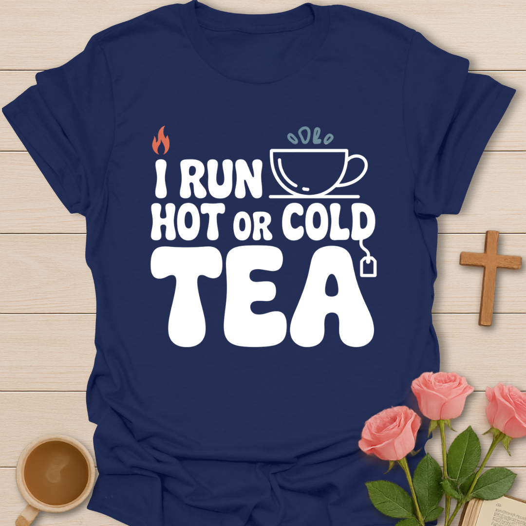 Blue t-shirt with “I Run Hot or Cold Tea” typography design featuring a steaming and chilled tea cup.