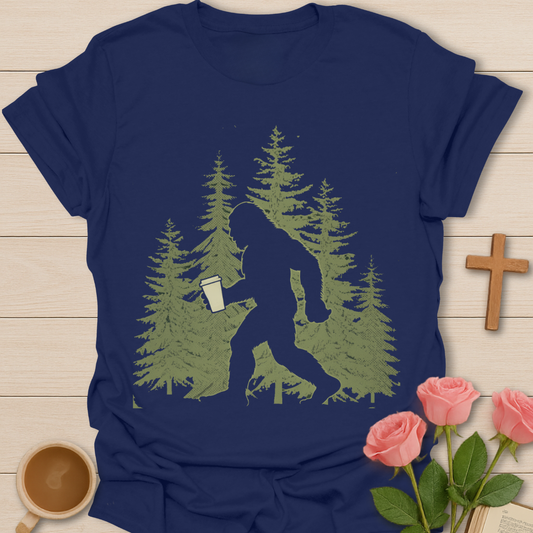 Blue Bigfoot holding a cup of tea while walking through a pine forest illustration