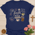 Faith and Tea for Teachers shirt with cream hand-lettering, teapot, apple, books, chalkboard, tea cups, hearts, flowers, and vintage doodle layout.