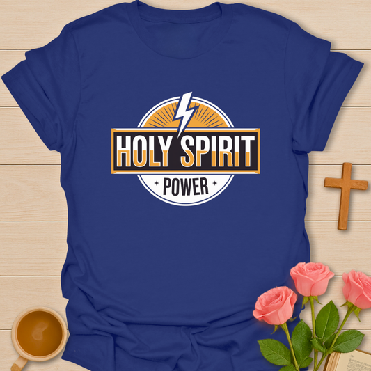 Navy Holy Spirit Power Christian t-shirt for women with lightning bolt and faith design symbolizing spiritual strength and belief