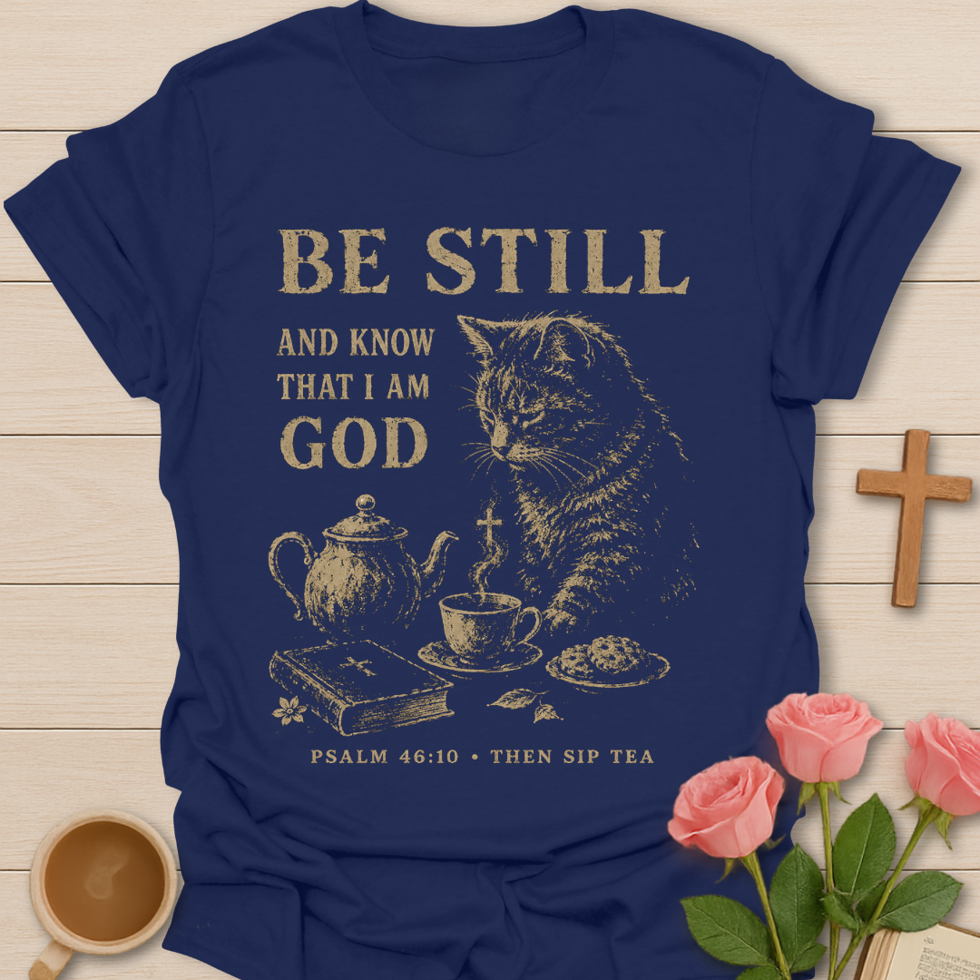 Know I Am God Christian shirt with Psalm 46:10 verse and faith-inspired design. - Navy