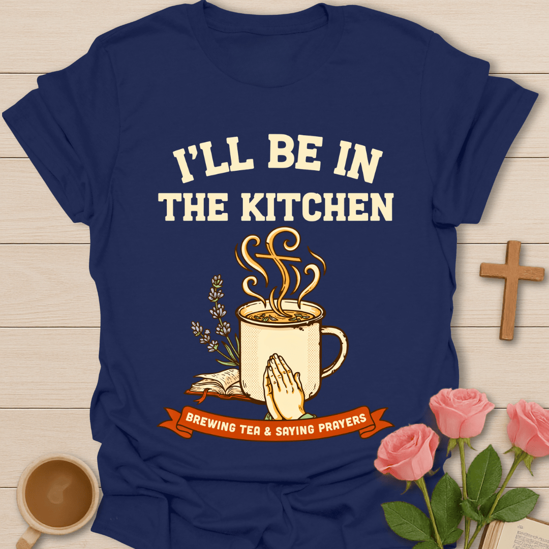 Brewing Tea Saying Prayers T-Shirt KozzyCo Christian and tea lover design