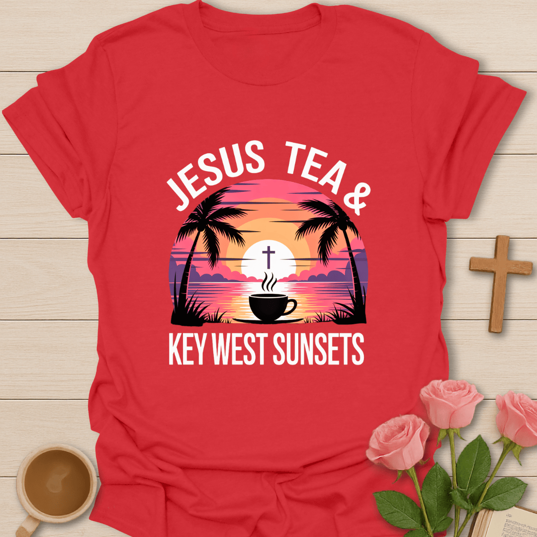 Jesus, Tea & Key West Sunsets T-Shirt - Kozzy Co Red / S