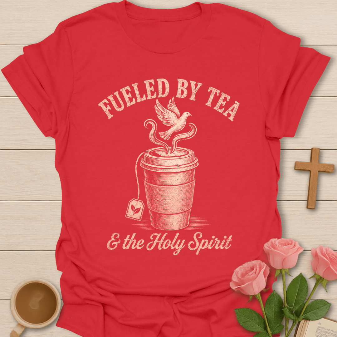 Tea and The Holy Spirit shirt with teacup, dove, and cream vintage lettering. - Red