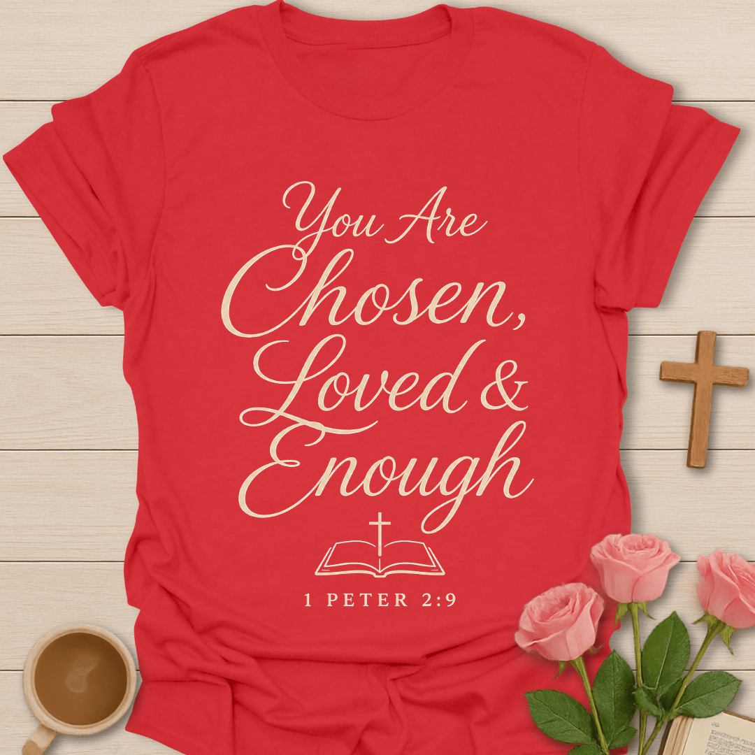 You Are Chosen Loved and Enough shirt with cream script lettering, open Bible, cross, and 1 Peter 2:9 text.
