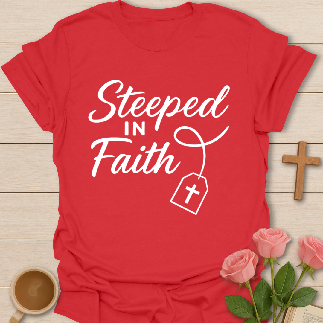 Red t-shirt with 'Steeped in Faith' text on a wooden surface with flowers and a cross.