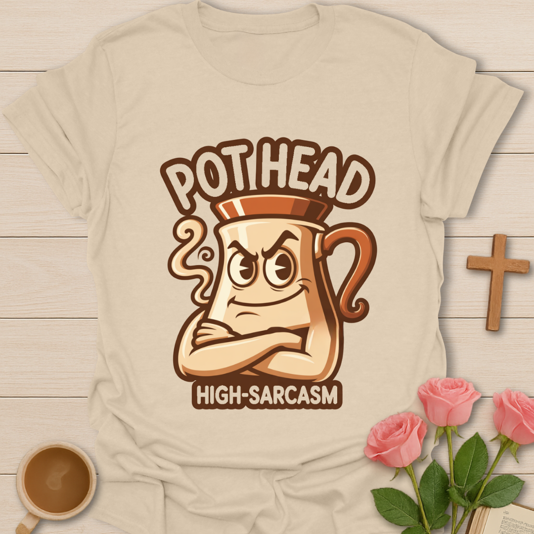 Beige Pot Head high sarcasm tea t-shirt with cartoon teapot character for tea lovers