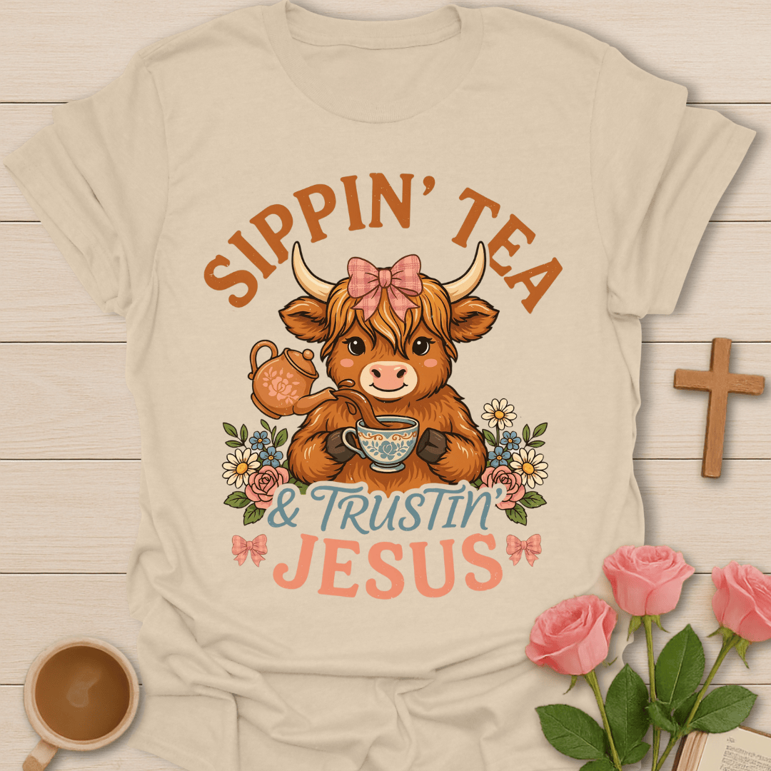 Highlander Cow Sippin' Tea T-Shirt KozzyCo Christian and tea lover design