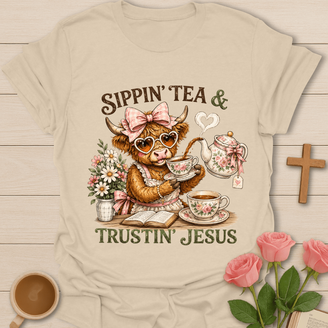 Highland Cow Jesus Tea T-Shirt KozzyCo Christian and tea lover design