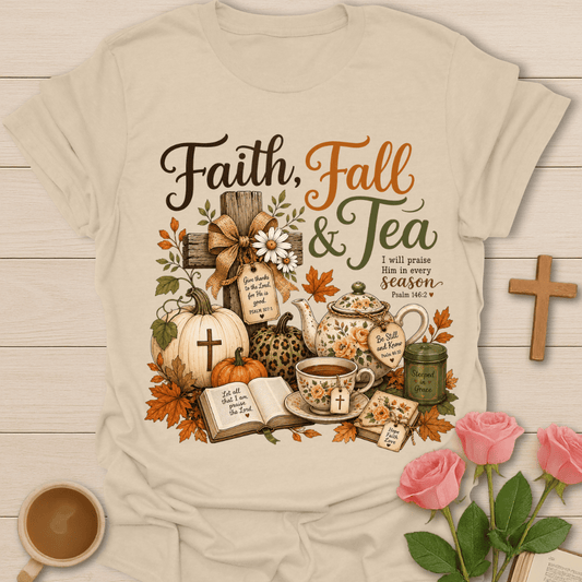 Faith Fall and Tea T-Shirt KozzyCo Christian and tea lover design