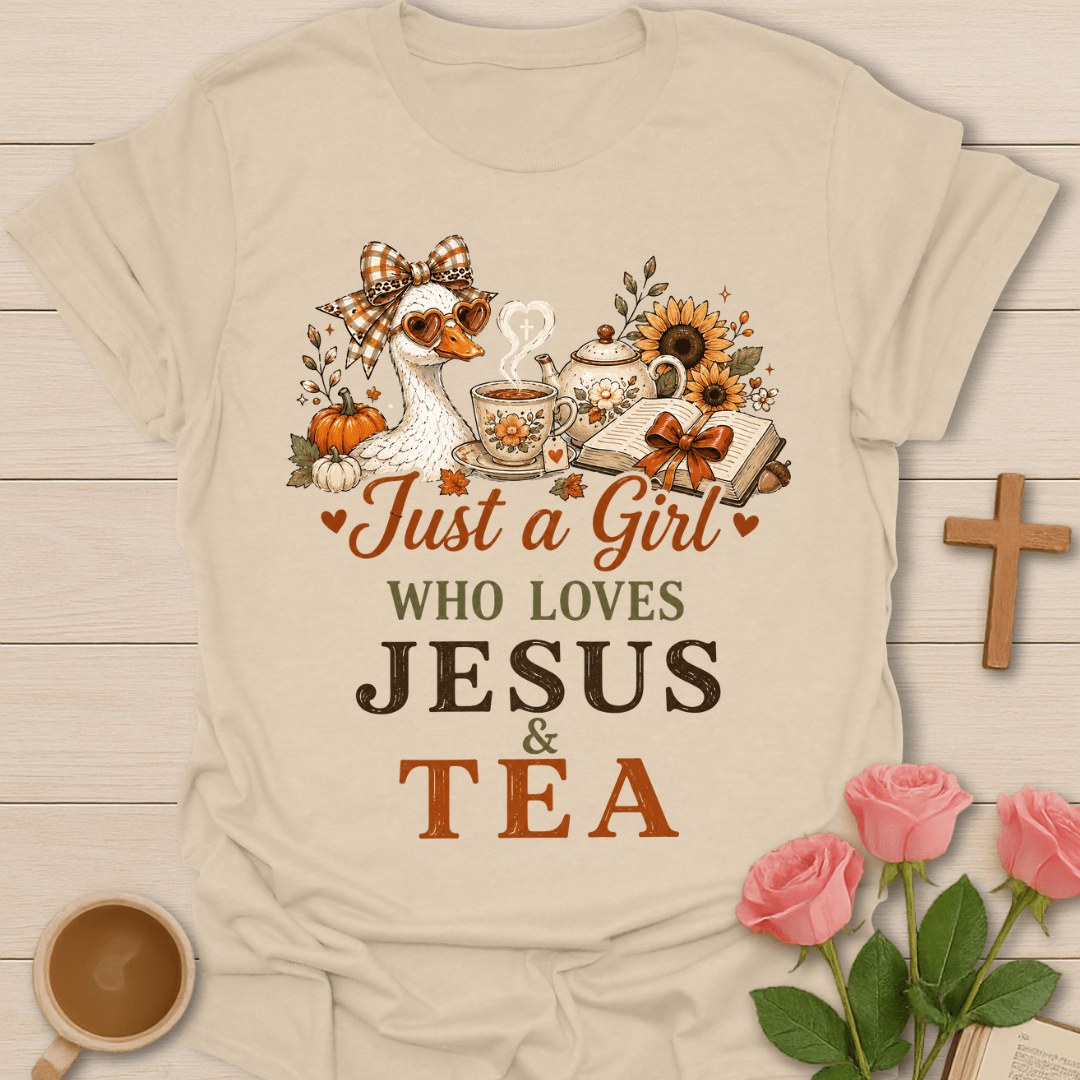 Fall Jesus and Tea Girl T-Shirt KozzyCo Christian and tea lover design