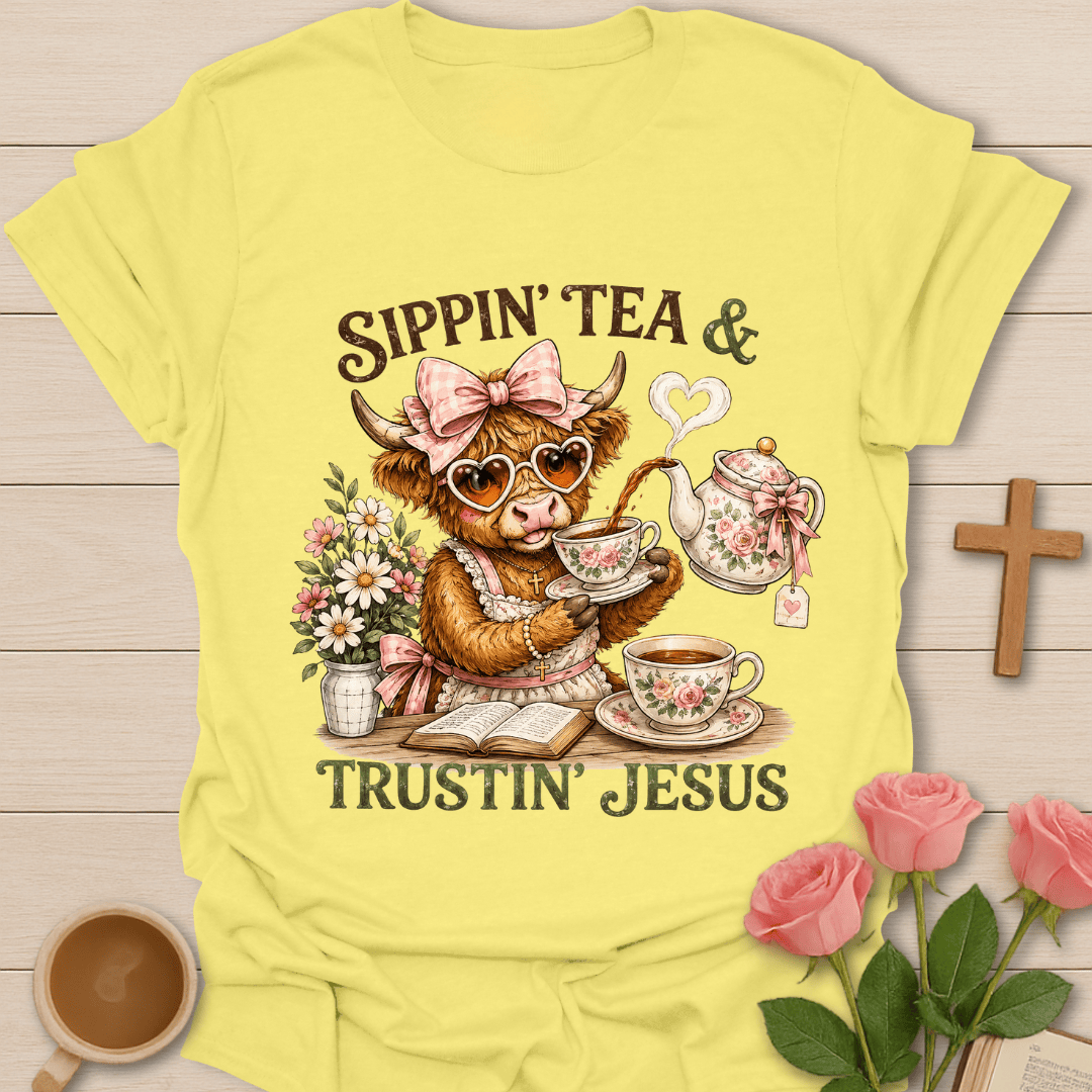 Highland Cow Jesus Tea T-Shirt KozzyCo Christian and tea lover design