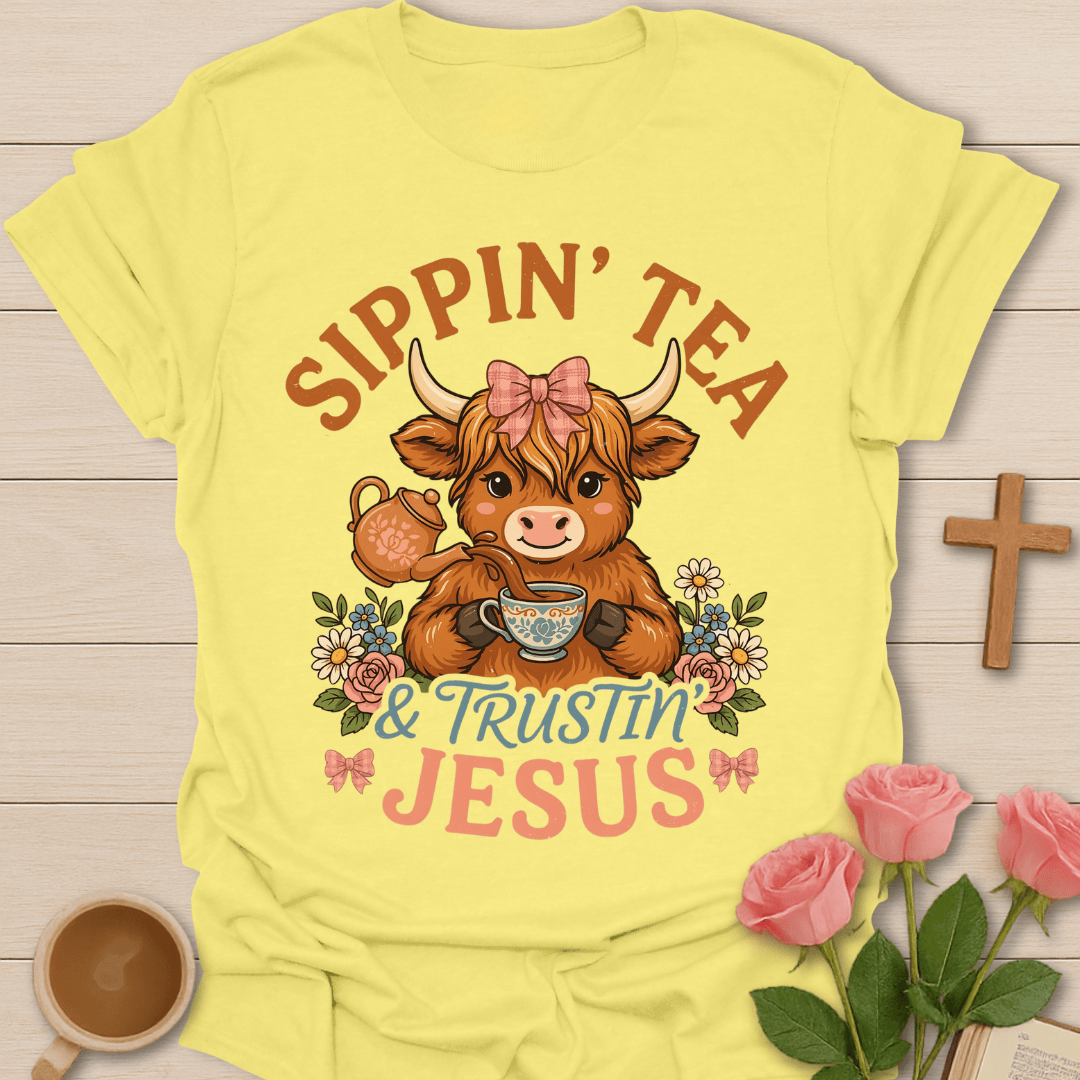Highlander Cow Sippin' Tea T-Shirt KozzyCo Christian and tea lover design