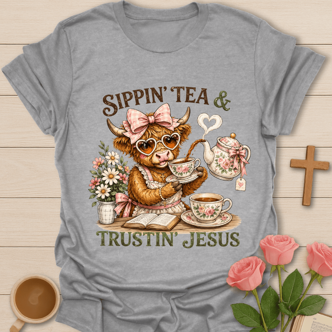 Highland Cow Jesus Tea T-Shirt KozzyCo Christian and tea lover design