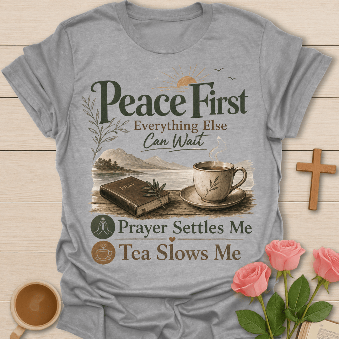 Peace First Christian tea shirt with faith-inspired lettering design - Sport Grey