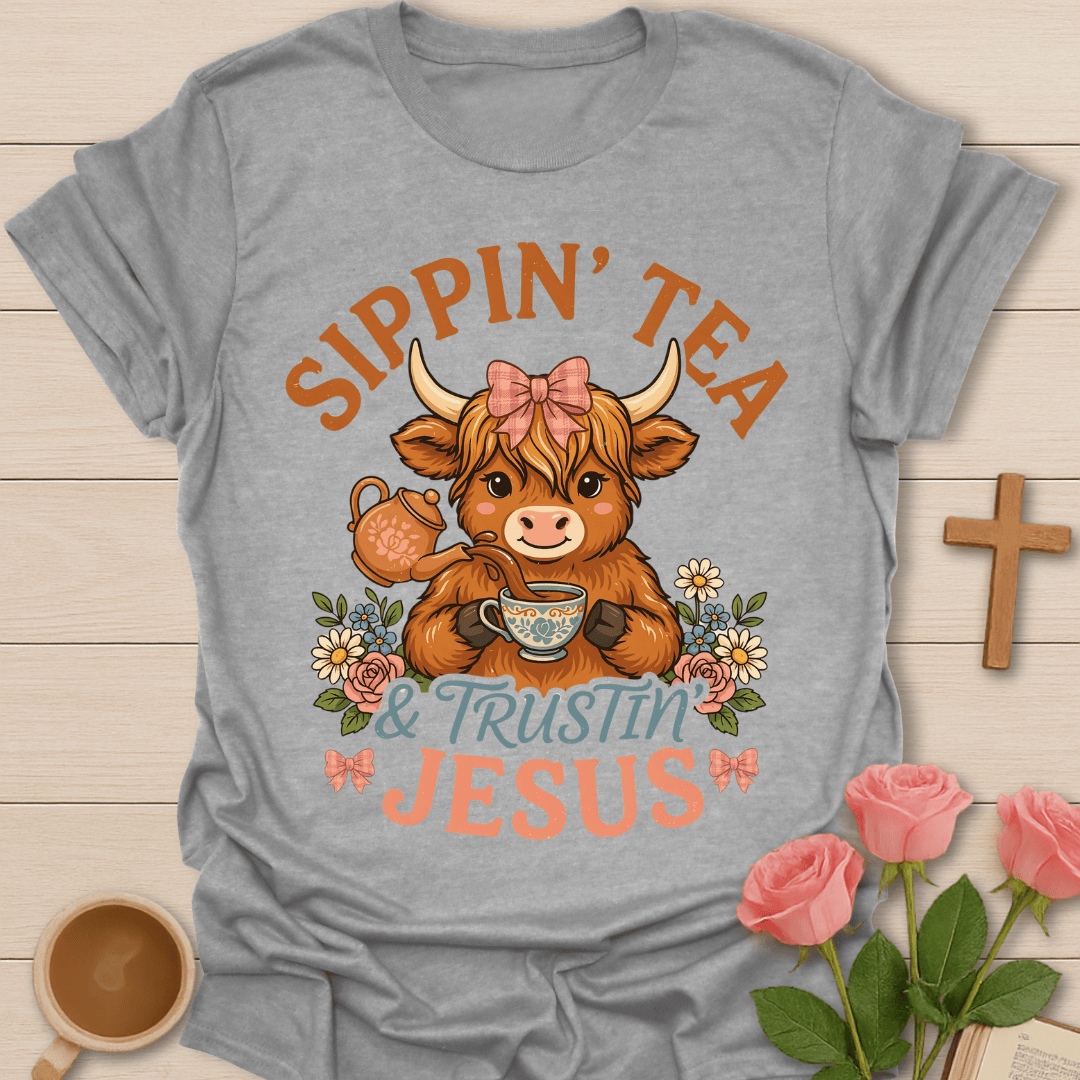 Highlander Cow Sippin' Tea T-Shirt KozzyCo Christian and tea lover design