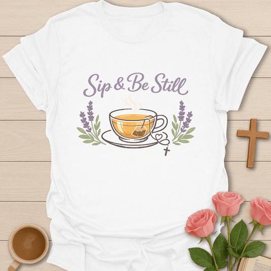 White “Sip & Be Still Christian tea design with steaming teacup, lavender branches, and cross charm on a black background”