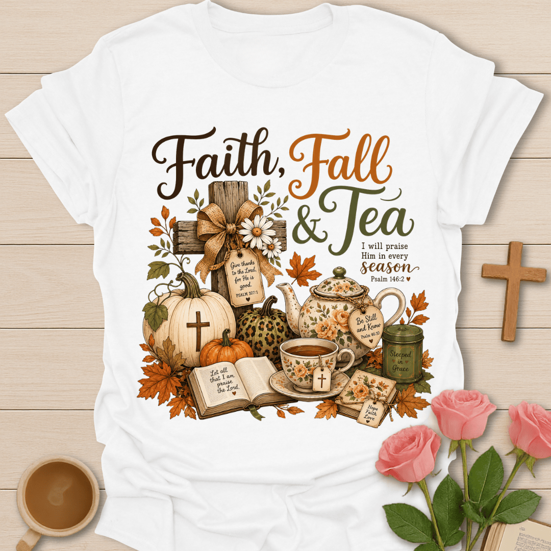 Faith Fall and Tea T-Shirt KozzyCo Christian and tea lover design