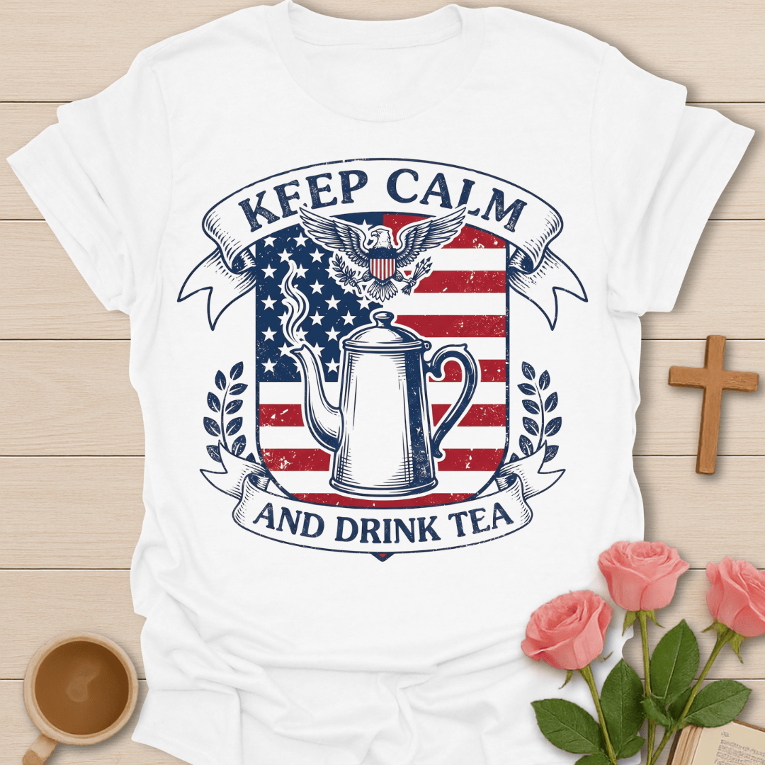USA Keep Calm and Drink Tea T-Shirt KozzyCo Christian and tea lover design